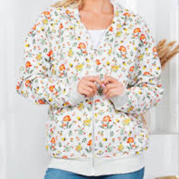 NWT - L.A. Floral & Mushroom Print Zip Up Fleece Zipper Hoodie Size - Large - Picture 1 of 8